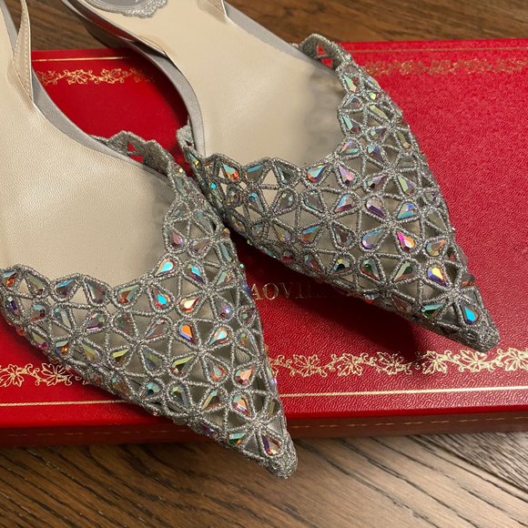 RENE CAOVILLA SILVER CRYSTAL STONES SOPHIA FLATS Size 8.5 - Picture 2 of 5
